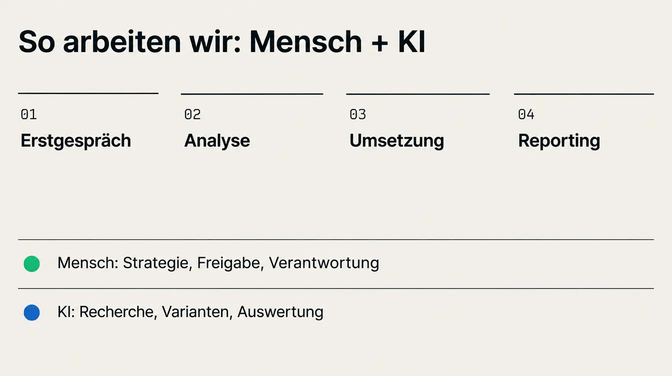 So arbeiten wir: Mensch + KI. Vier Schritte: Erstgespräch, Analyse, Umsetzung, Reporting. Mensch: Strategie, Freigabe, Verantwortung. KI: Recherche, Varianten, Auswertung.