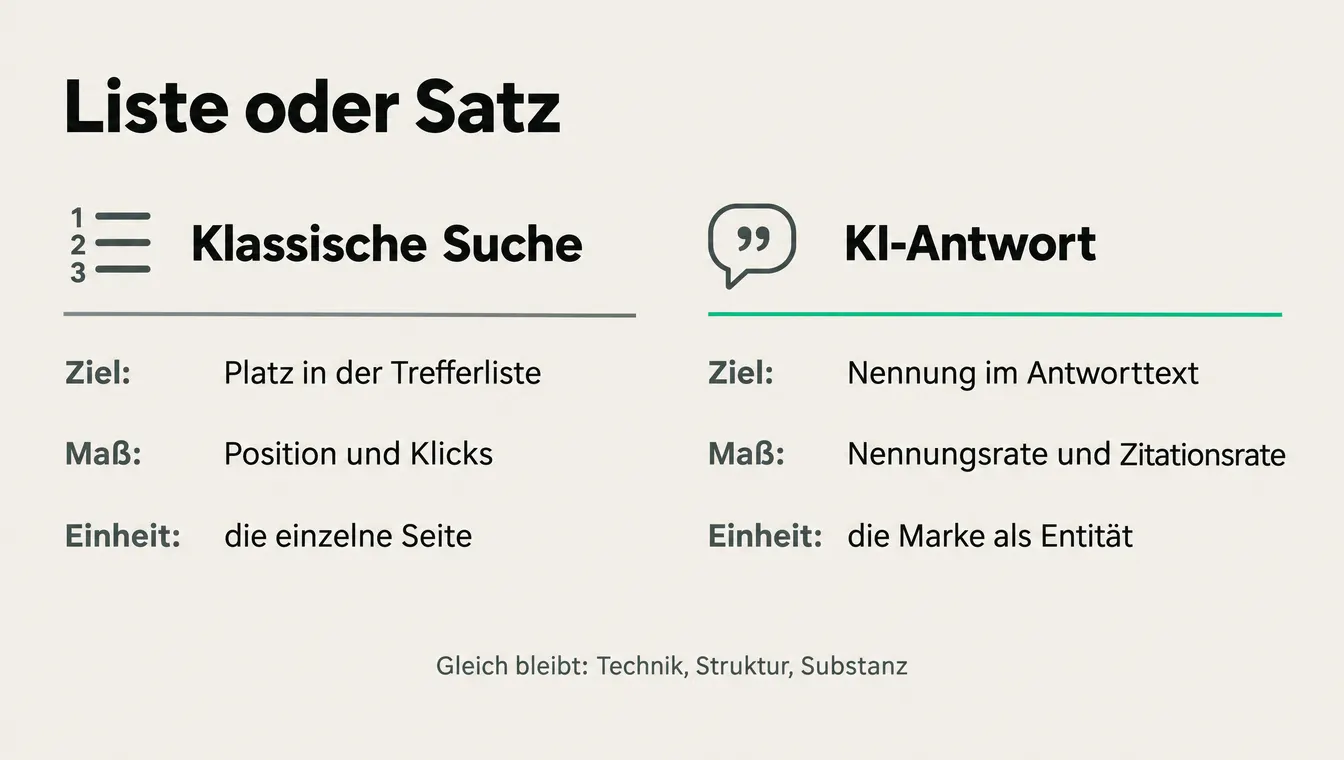 Infografik: Liste oder Satz. Klassische Suche misst Position und Klicks je Seite, KI-Antwort misst Nennungsrate und Zitationsrate je Marke