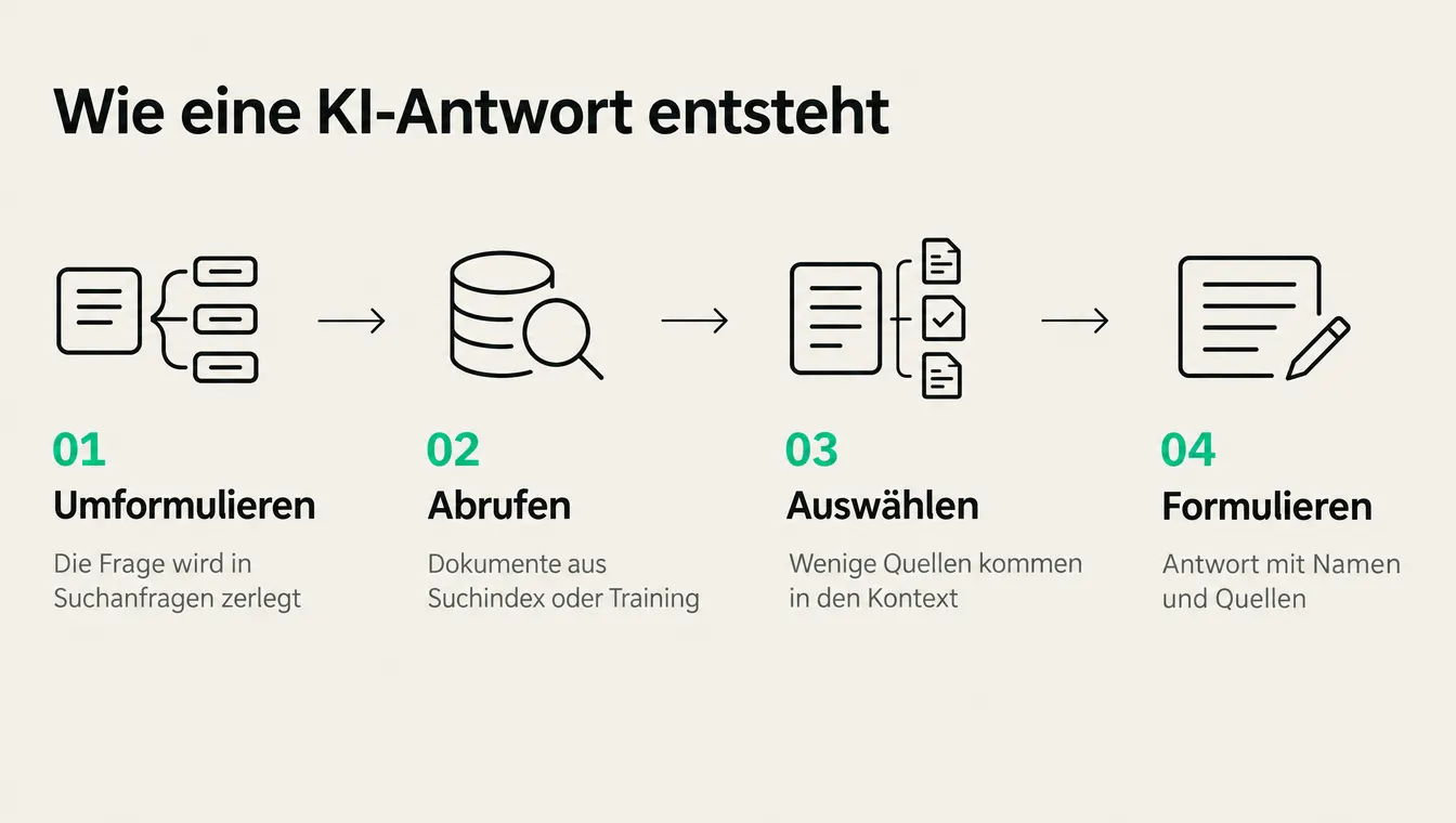 Infografik: Wie eine KI-Antwort entsteht. 01 Umformulieren, 02 Abrufen, 03 Auswählen, 04 Formulieren mit Namen und Quellen
