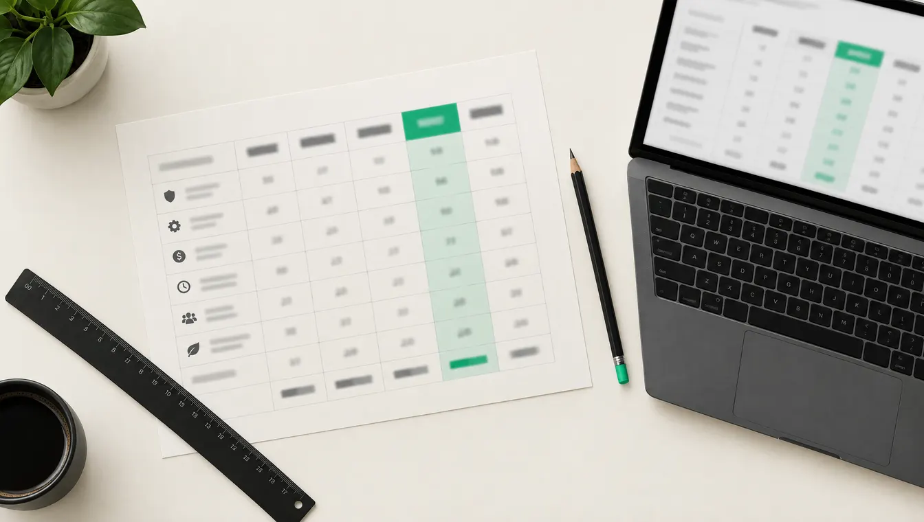 Bewertungsmatrix auf Papier und am Laptop, daneben Lineal und Stift