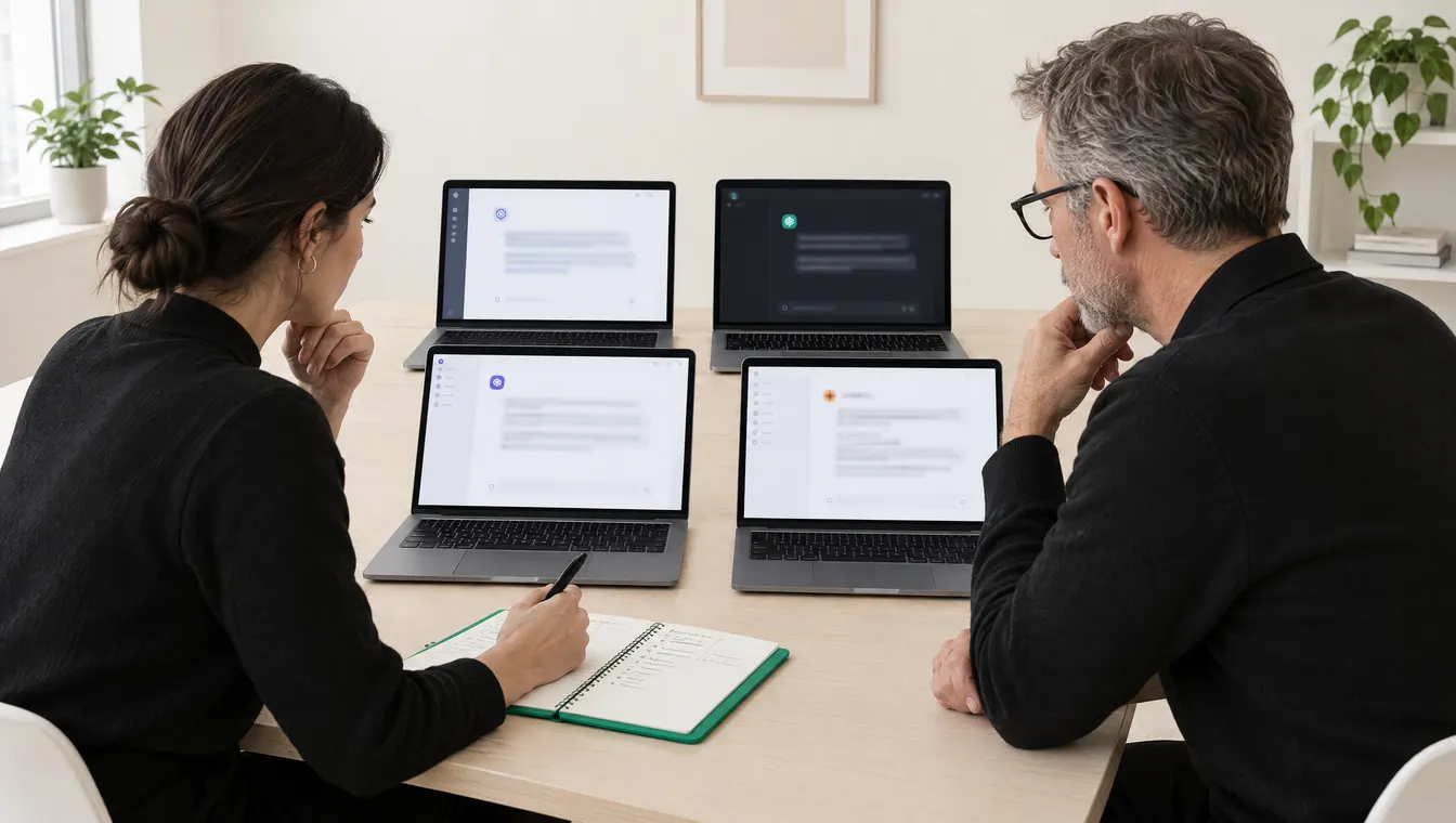 Zwei Analysten vergleichen Antworten von vier KI-Assistenten auf vier Laptops