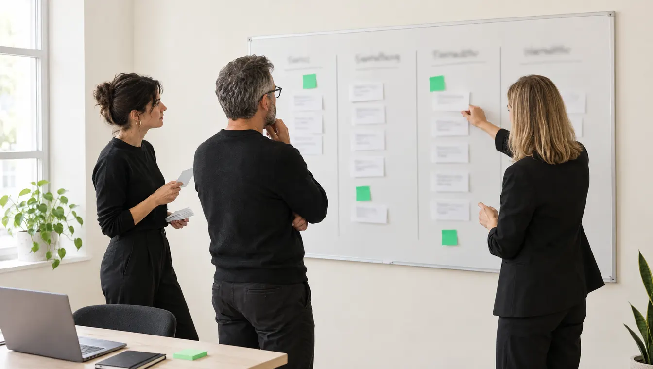 Workshop: drei Personen sortieren an einem Whiteboard, welche Quellen KI-Assistenten zitieren