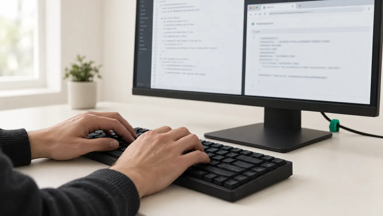 Hände an der Tastatur vor einem Texteditor und einer Serverantwort im Browser