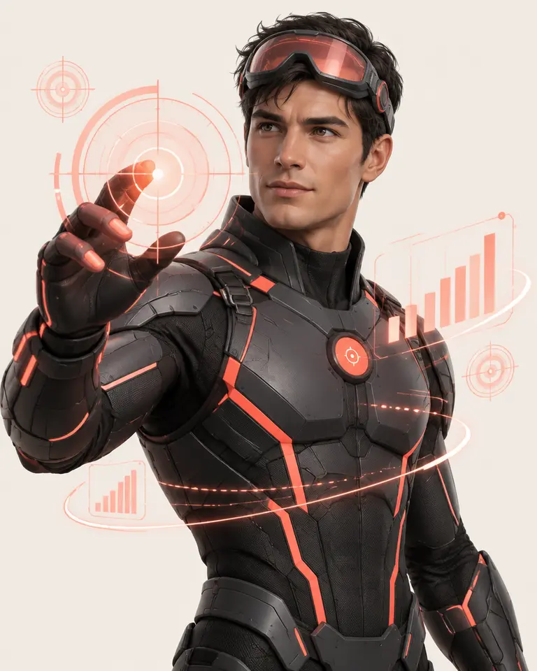 Heldenfigur „Der Ads-Pilot“ mit Zielmarkierungen und steigenden Balken