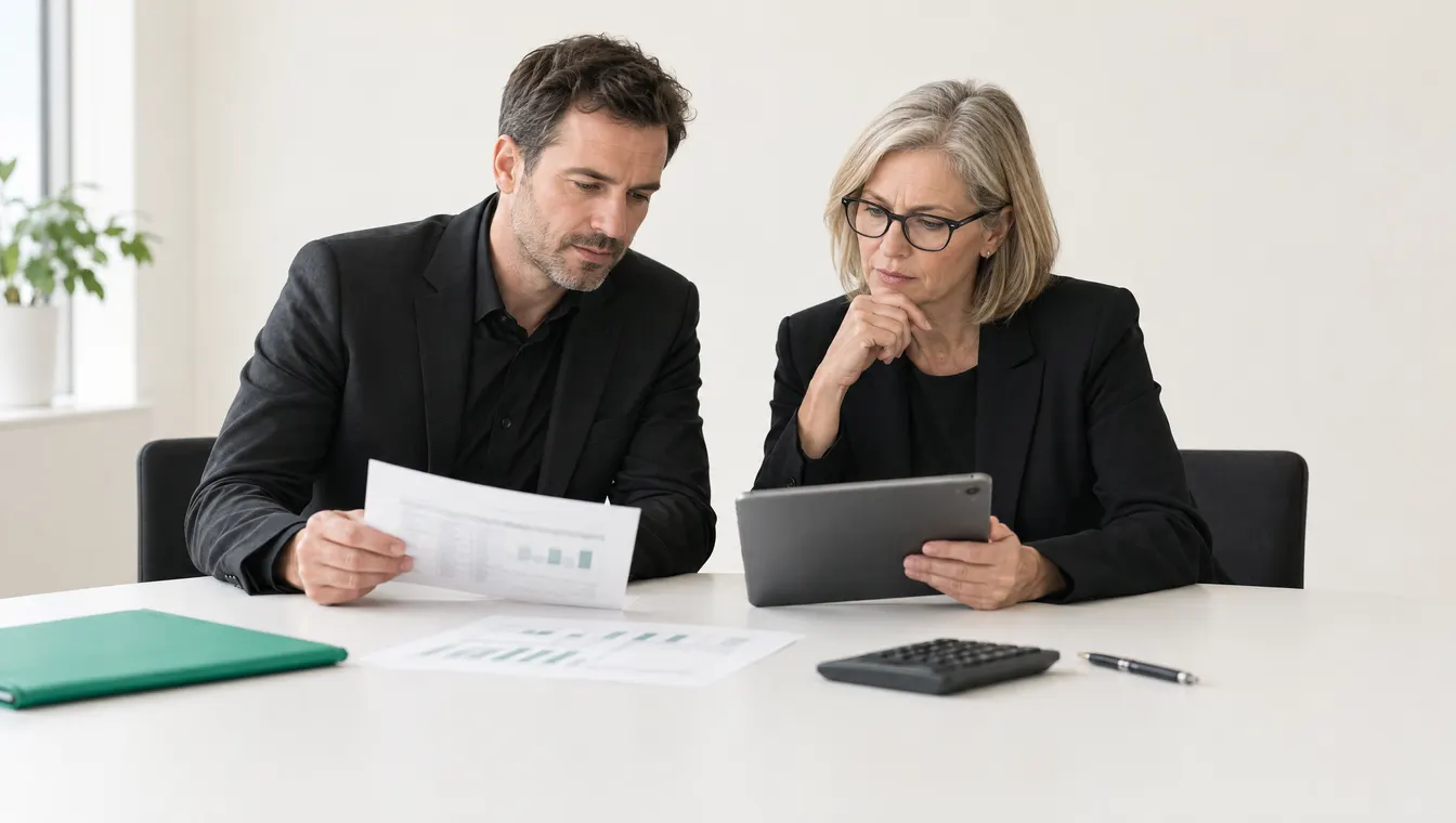 Marketingleiter und Finanzchefin prüfen eine Preisübersicht am Besprechungstisch