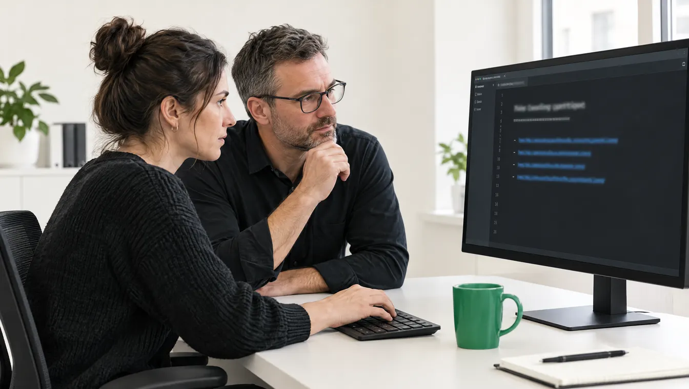 Entwicklerin und Marketingleiter besprechen eine Textdatei im Code-Editor