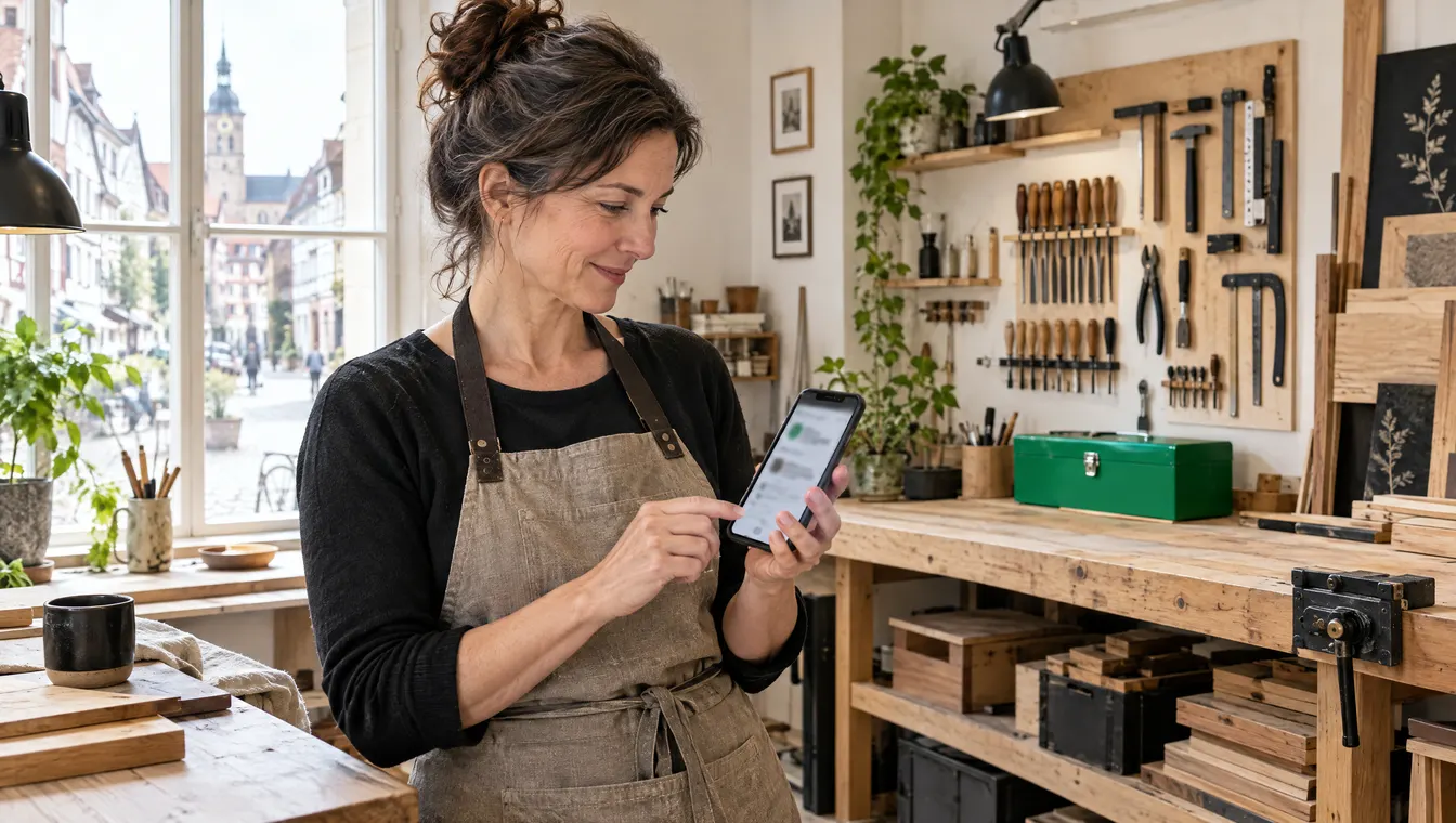 Inhaberin eines Handwerksbetriebs schaut in ihrer Werkstatt auf das Smartphone
